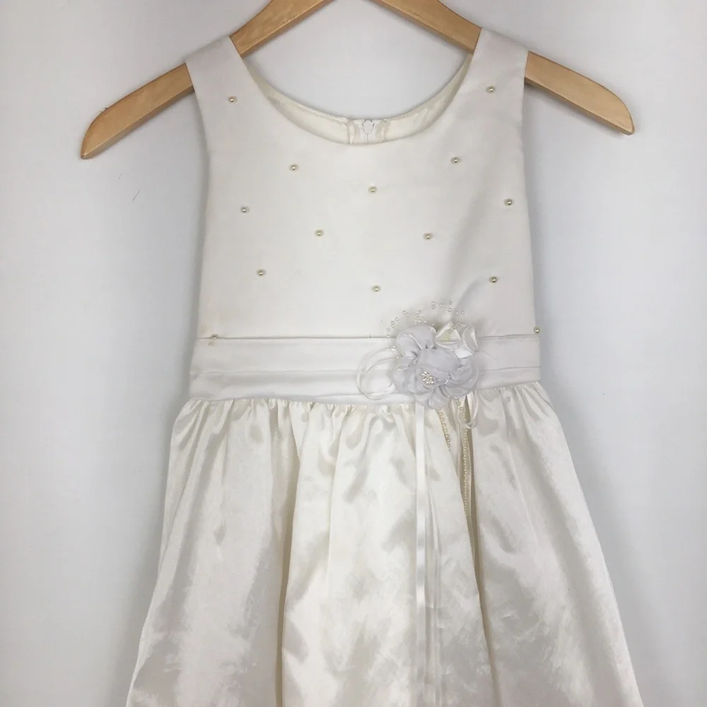 First Communion Dress White Sheer Satin Overlay Tank Pearl Flower Appliqué Sz 10